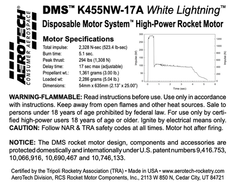 AeroTech K455NW-17A 54mm x 635mm Single Use DMS 1-Motor Kit - 114517